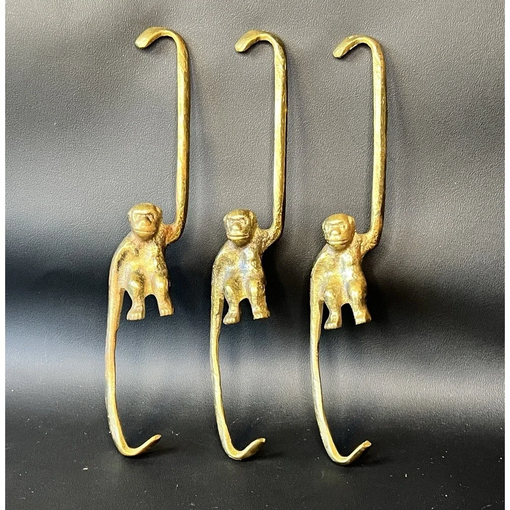 Vintage Brass Monkey Hanging Hook Hanger - Set of 3 - 8